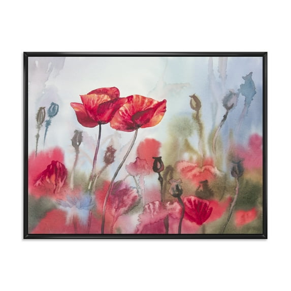 Blossoming Red Poppies In The Meadow 32 in x 16 in Framed Painting Canvas Art Print, by Designart