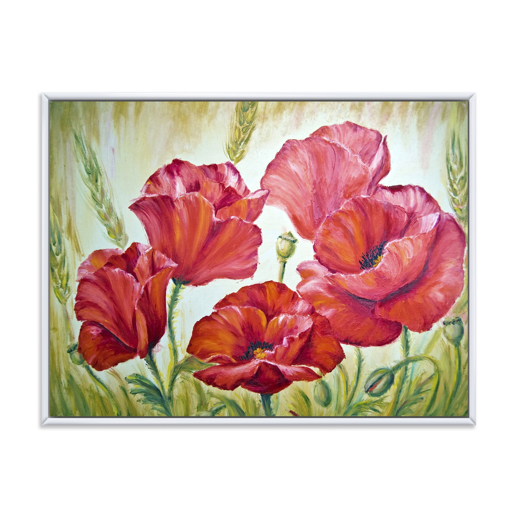 Blossoming Red Poppies In The Morning 32 in x 24 in Framed Painting Canvas Art Print, by Designart