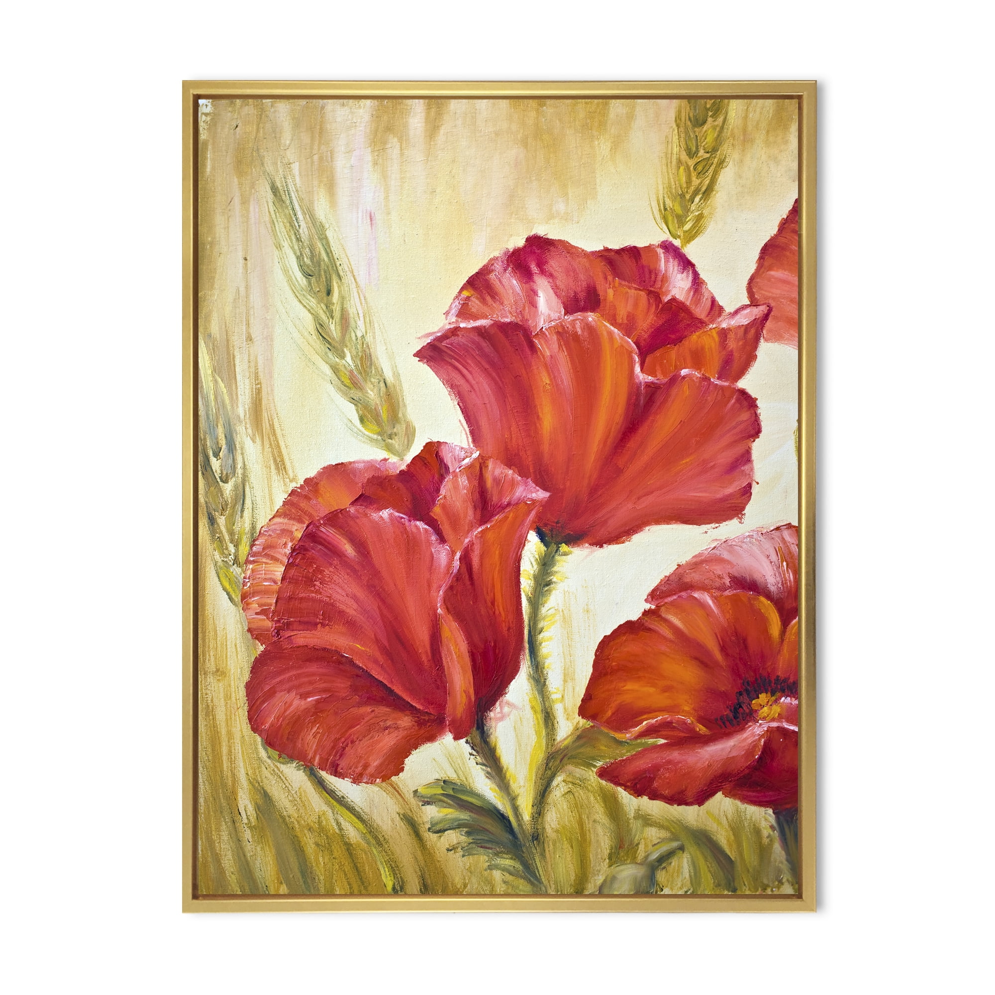 Blossoming Red Poppies In Wheat Fields II 30 in x 40 in Framed Painting Canvas Art Print, by Designart