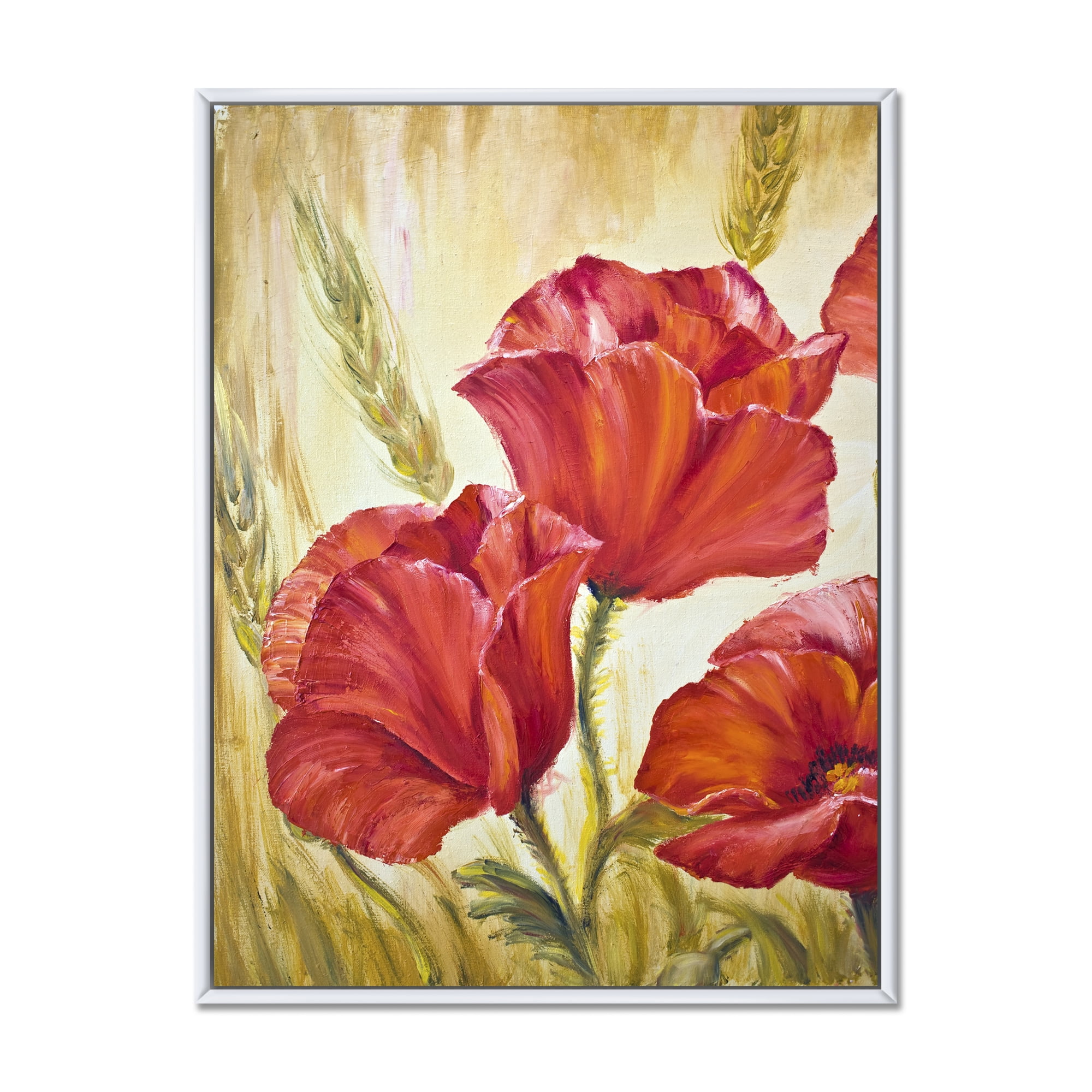 Blossoming Red Poppies In Wheat Fields II 30 in x 40 in Framed Painting Canvas Art Print, by Designart