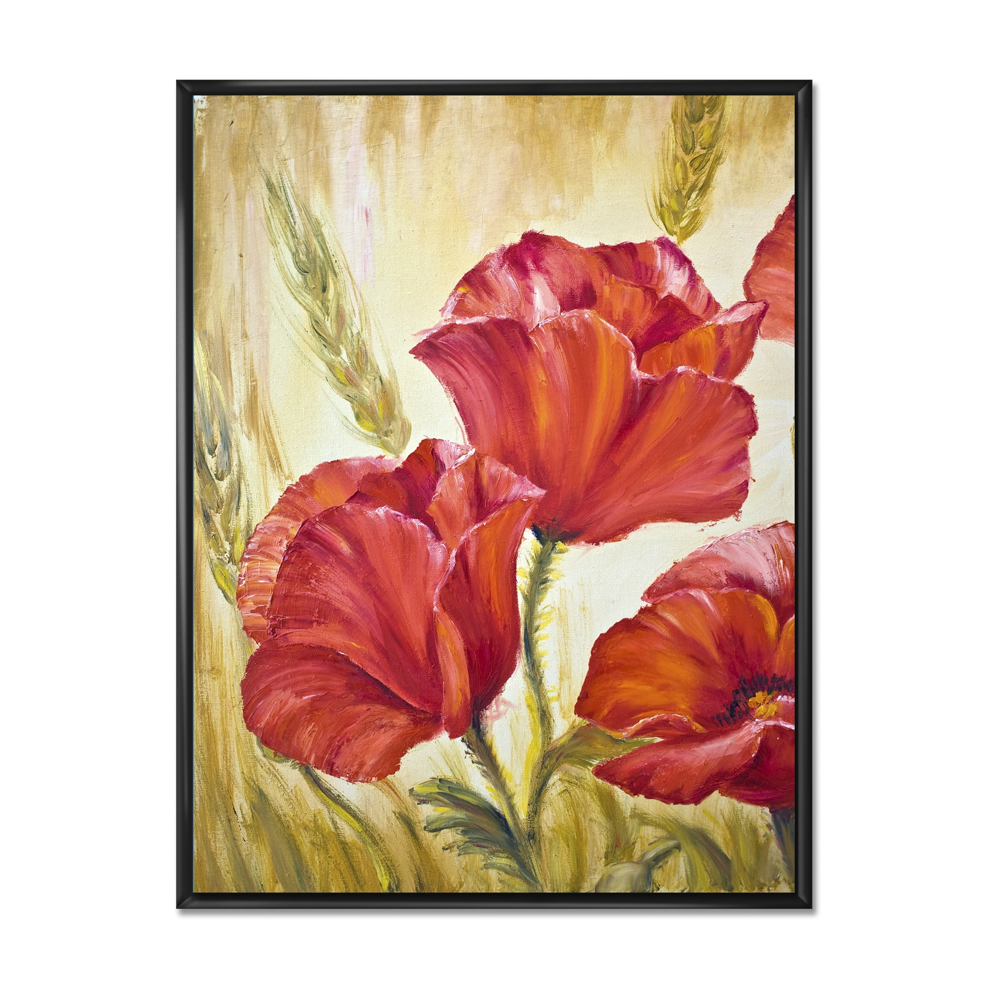 Blossoming Red Poppies In Wheat Fields II 30 in x 40 in Framed Painting Canvas Art Print, by Designart