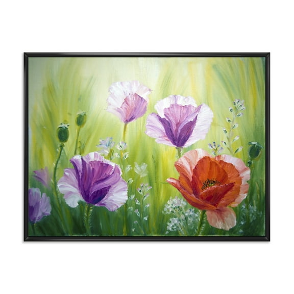 Blossoming Red and Purple Poppies In The Morning II 20 in x 12 in Framed Painting Canvas Art Print, by Designart