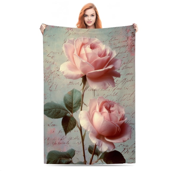 Blossoming Roses with Script Background Lightweight Flannel Printed Blanket - Ultra Soft & Warm, All-Season Cozy Plush for Couch, Bed, Office, Camping Nap - Perfect Decorative Gift