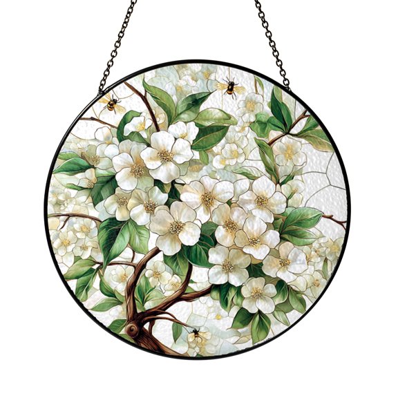 Blossoming Tree With Bee Scene Stained Glass Style Window Hanging Suncatcher, Cheerful Garden Nature Decor Gift