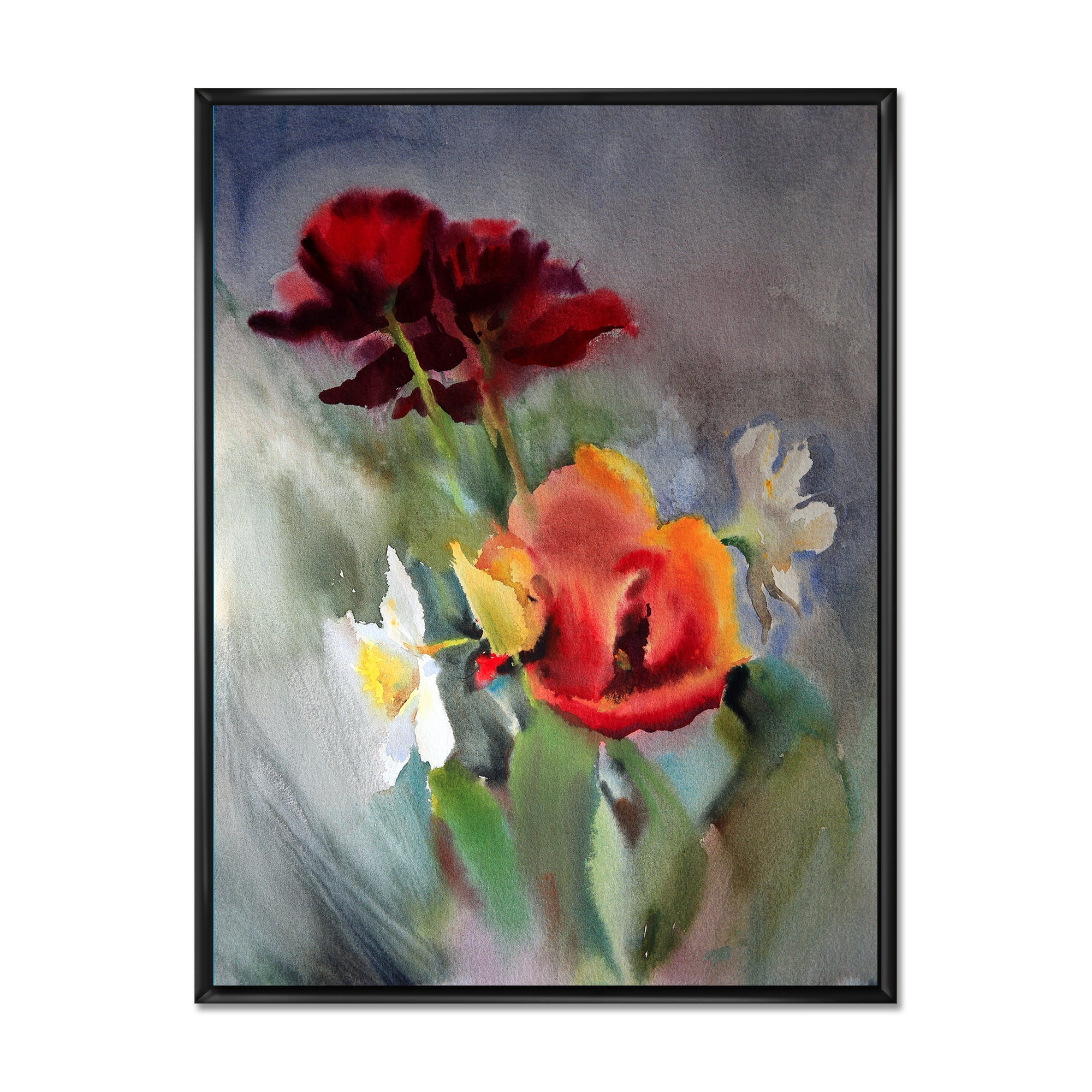 Blossoming Vibrant Red Wildflowers 24 in x 32 in Framed Painting Canvas Art Print, by Designart