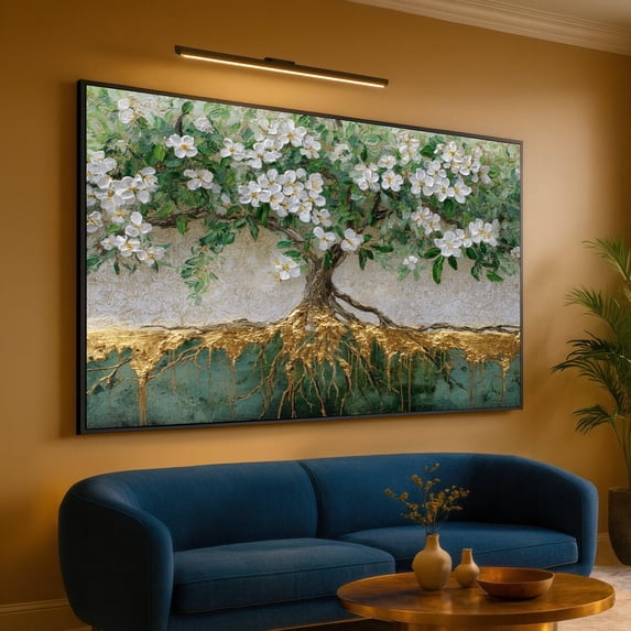 Blossoming White Floral Tree Gold Root Art Green Leaves Wall Decor ...