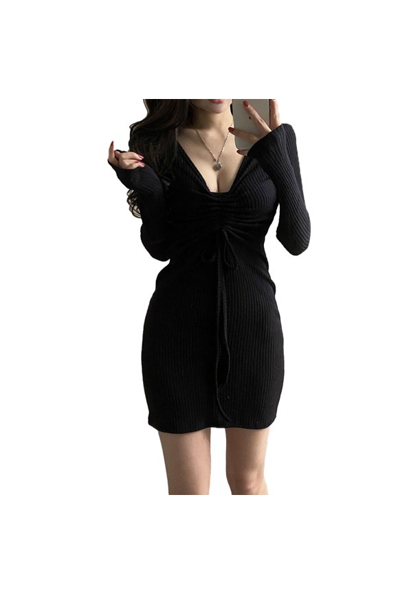 Women's Dress Long Lantern Sleeve Ruched V Neck Drawstring Side Slit Knit Bodycon Dresses