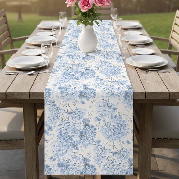 Blossoms Hydrangea Floral Table Runner 90 Inches Long,Kitchen Dining Tablerunners Blue Flowers Linen Table Runners Dresser Scarves for Home Dinner Wedding Holiday Party Decor