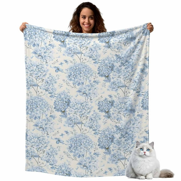Blossoms Hydrangea Floral Throw Blanket Flannel Fleece Throws, Blue Flowers Lightweight Super Soft Warm Blankets for Couch Sofa Bed All Season Use, 40x50 in