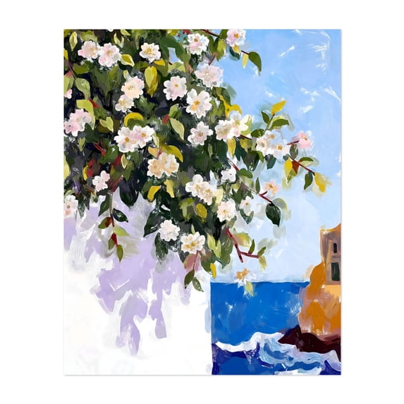 Where The Blossoms Meet The Sea - Greece Painting Floral Flowers Seascape Mediterranean Botanical Watercolor Coastal Unframed Wall Art Print 8 x 10 inches
