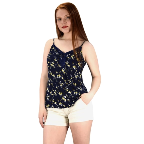 Blossoms Print Laced Neck line Spaghetti Strap Blouse Top Shirt