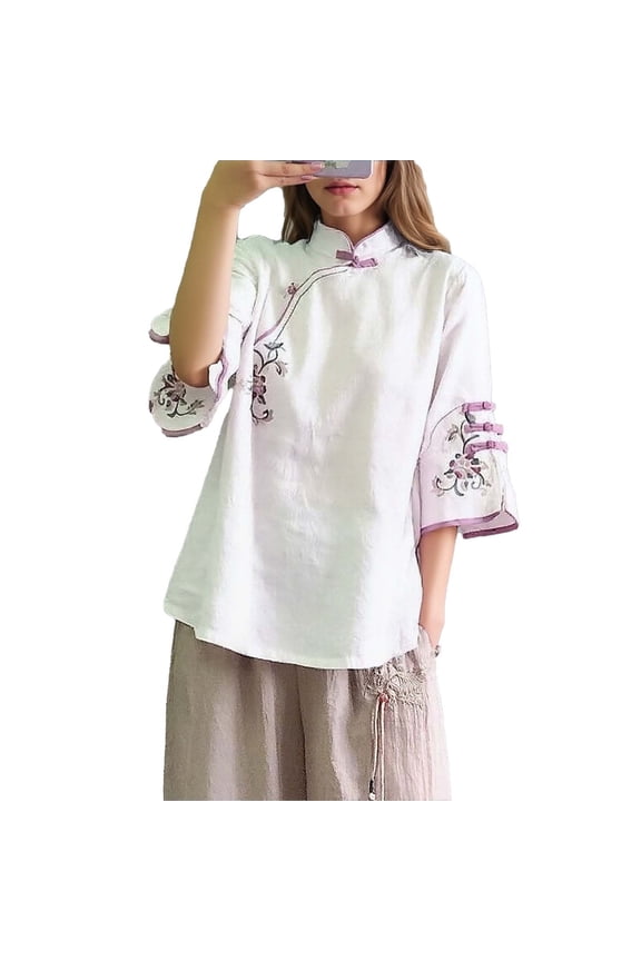 Blosues for Women Elegant Cotton Linen Tunic Tops Floral Embroidery Vintage Blouse Chinese Style Summer Tops Solid Color Casual Loose Shirts Half Sleeve Shirts Going Out Tops