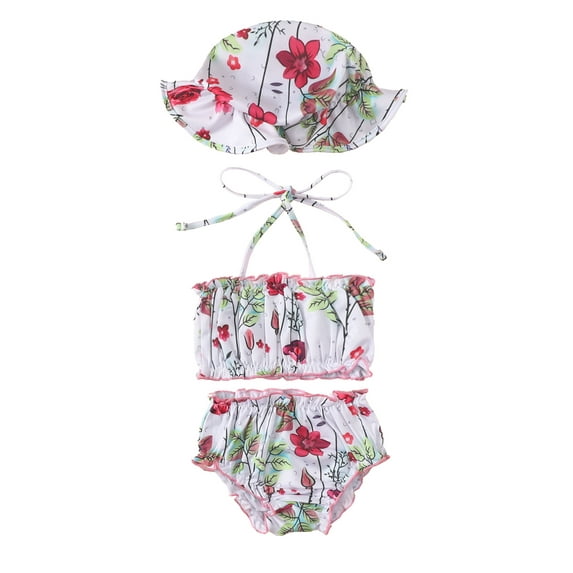Blotona 3Pcs Baby Girls Split Swimsuit Set, Summer Floral Printing/Striped Rainbow Hanging Neck Sleeveless Lace Swimwear + Shorts + Swim Cap