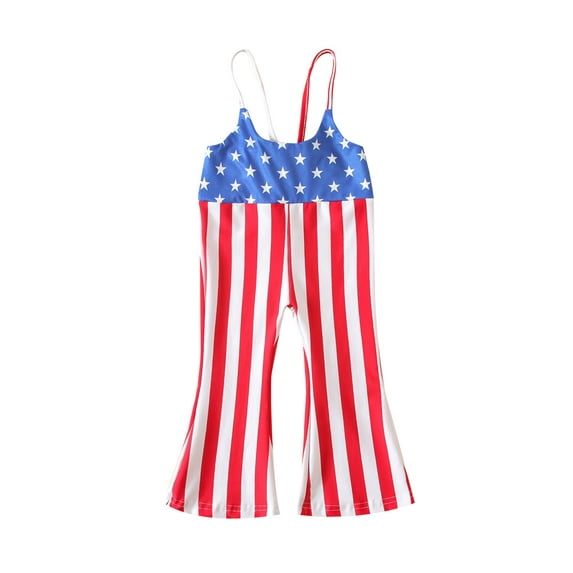 Blotona 4th of July Toddler Kid Girls Independence Day Jumpsuit Red Blue Stripe Star Print U-neck Sleeveless Bell Bottom Overalls