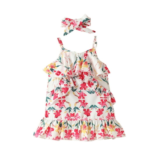 Blotona Baby Girl 2Pcs Summer Outfits Sleeveless Floral Print Ruffle Dress + Headband Set