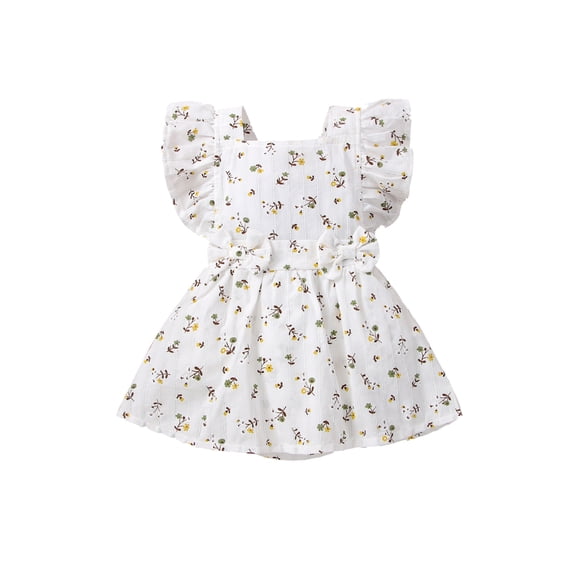 Blotona Baby Girl Romper Dress Cotton Linen Floral Sleeveless Ruffles Bodysuit Playsuit