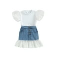thumbnail image 1 of Blotona Baby Girl Two Piece Set, Round Neck Short Sleeve Dot Mesh Decor T-shirt Tops + Denim Lace Hem Elastic Skirt, 1 of 9