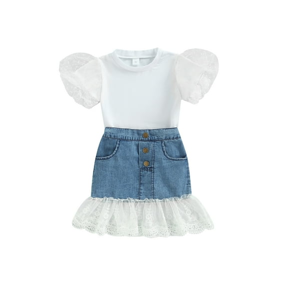 Blotona Baby Girl Two Piece Set, Round Neck Short Sleeve Dot Mesh Decor T-shirt Tops + Denim Lace Hem Elastic Skirt