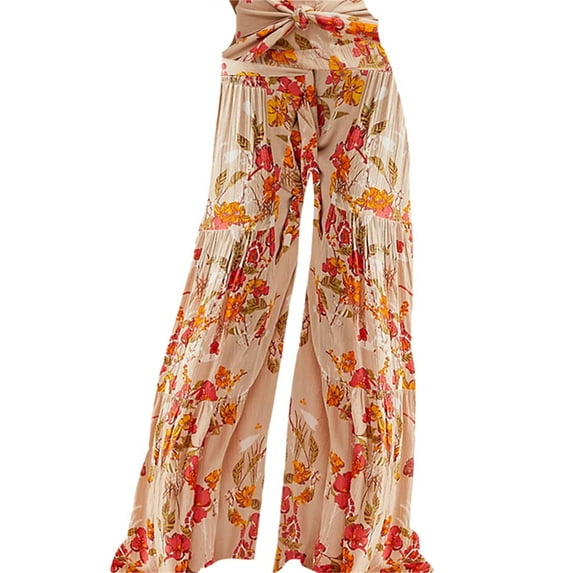 Blotona Boho Wide Leg Pants for Women High Waist Floral Printed Belted Palazzo Pants Loose Flowy Pants Hippie Beach Pants