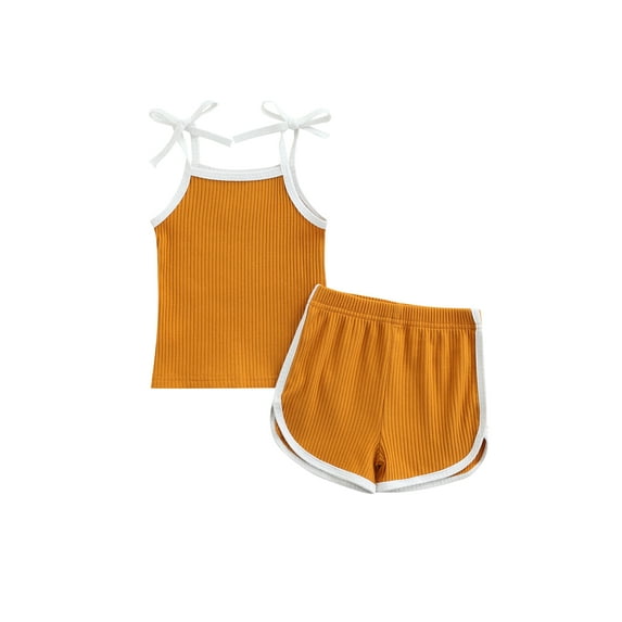 Blotona Infant Baby Girl Summer Clothes Ribbed Solid Color Sleeveless Tie-up Tank Tops Camisole and Shorts Outfits