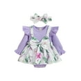 thumbnail image 1 of Blotona Infant Baby Girls Romper Dress Floral Print Knitted Ribbed Patchwork Round Neck Long Fly Sleeve Skirt Hem Jumpsuits with Headband, 1 of 8