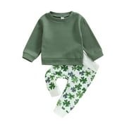 Blotona Infant Toddler Baby St Patricks Day Outfits Long Sleeve Shirts Green Sweatshirt with Clover Pants 2Pcs Set