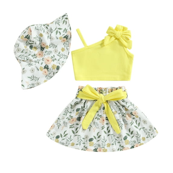 Blotona Kids Baby Girl Summer Outfit Casual Sleeveless Tank Tops Elastic Floral Skirt and Sun Hat Set for Toddler