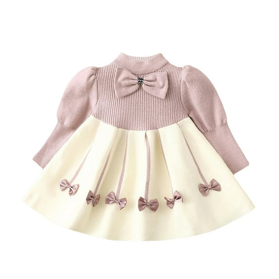Blotona Kids Baby Girls Elegant Princess Dress Long Sleeve Knitted Tutu Dress with Bow A-line Dress Birthday Party Outfit