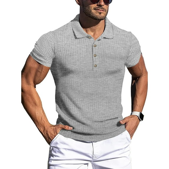 Blotona Men Elastic Short Sleeve Button Down T-Shirt Summer Leisure Style Solid Color Vertical Stripe Front Button Elastic Lapel Tops Streetwear