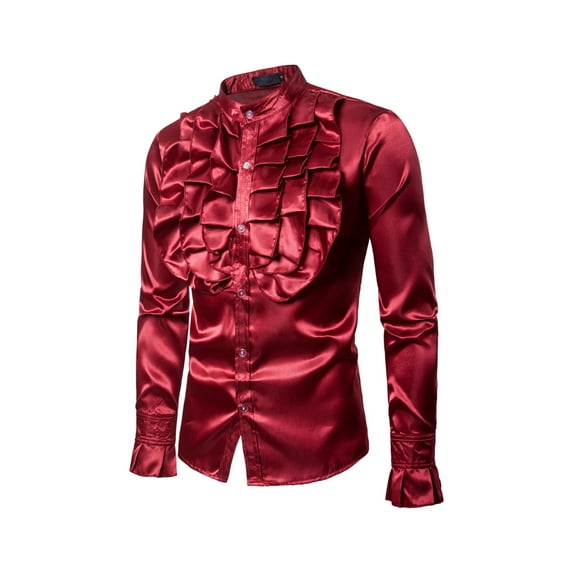 Blotona Men Satin Ruffle Shirts Vintage Long Sleeve Stand Collar Solid Color Retro 90s Dress Shirt Tos Spring Autumn Clothing Outfits