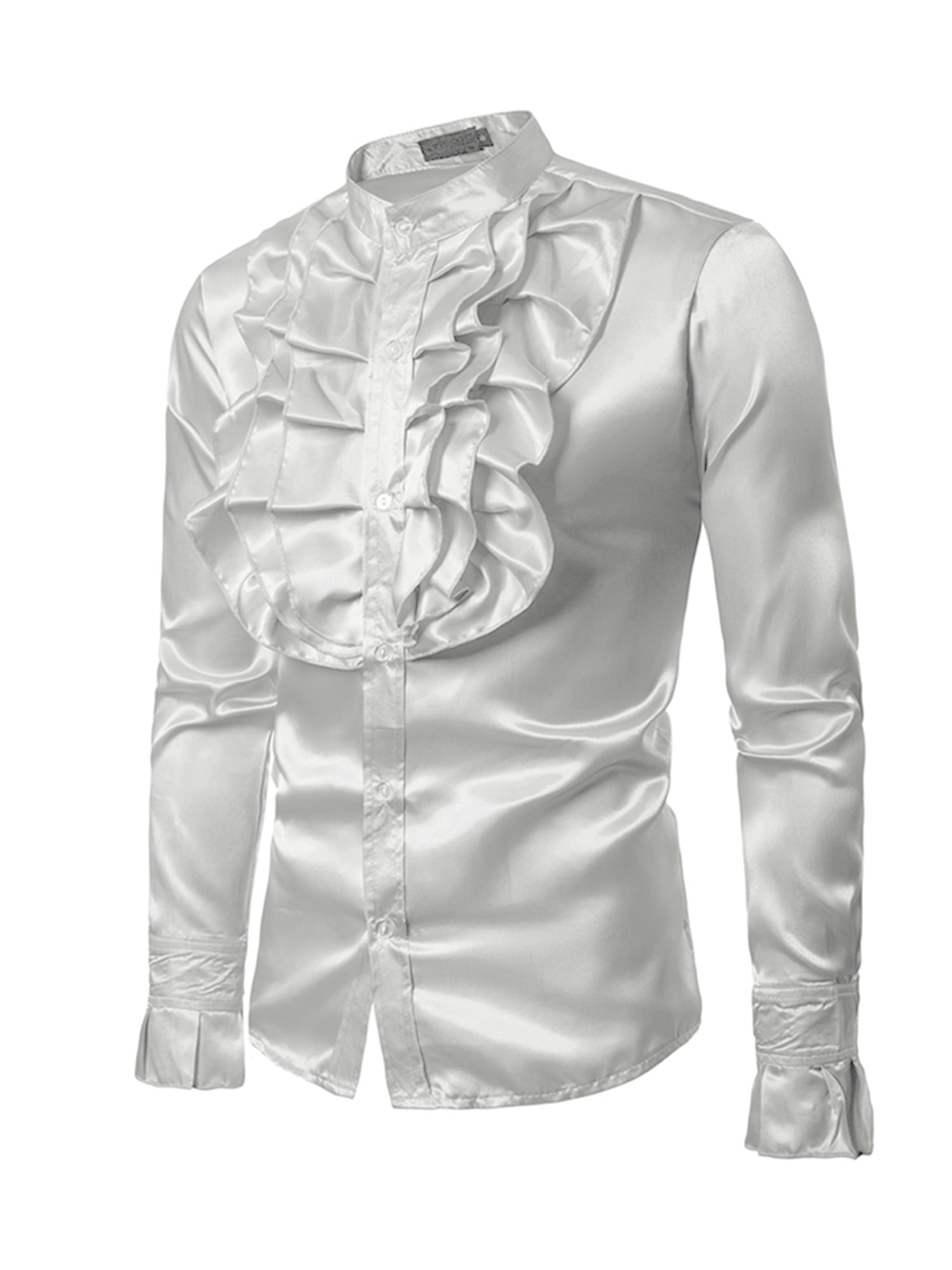 mens frilly dress shirts Blotona Men Satin Ruffle Vintage Long Sleeve Stand Collar Solid Color Retro 90s Shirt Tos Spring Autumn Clothing Outfits Sleeves features elastic and ruffled hems Men's Ashton Collar Ruffle Dress