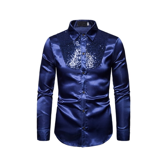 Blotona Men Sequins Nightclub Host Shirts Long Sleeve Turn-Down Collar Tops Evening Party Button-Down Slim Fit Prom Costume