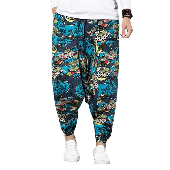 Blotona Mens Harem Pants Linen Cotton Loose Baggy Lightweight Wide Leg Pants with Pockets Casual Pants