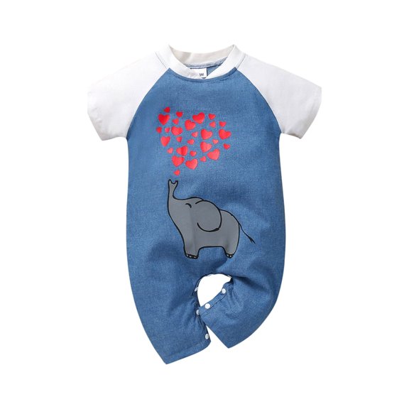 Blotona Newborn Baby Sleeve Romper Set Infant Cartoon Elephant Printed Button Jumpsuit One Piece