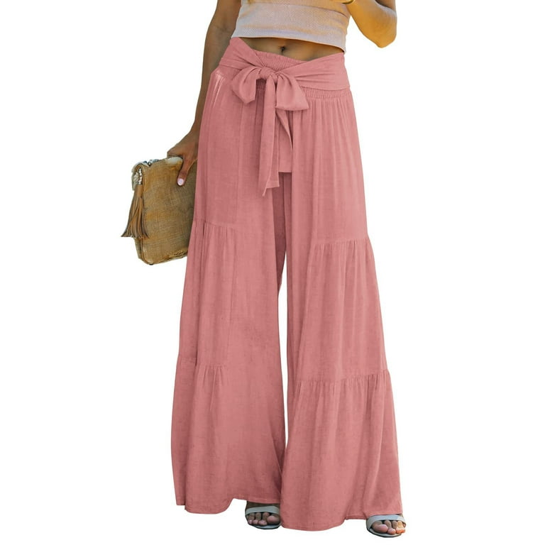 Blotona Palazzo Pants for Women Casual High Waisted Wide Leg Beach Pants  Lounge Smocked Tiered Trousers 