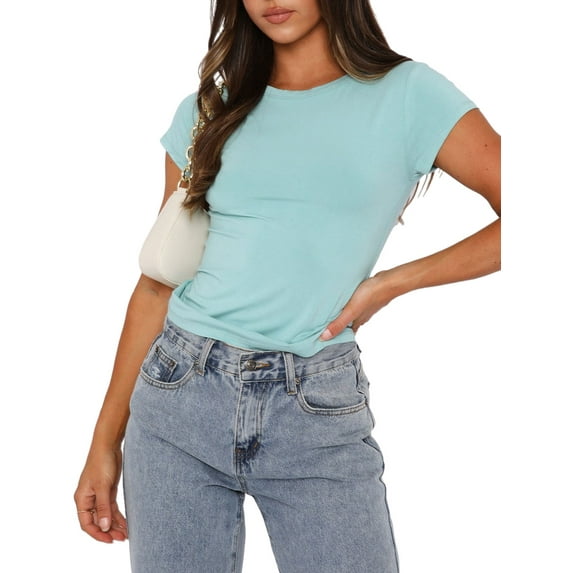 Blotona Sexy Short Sleeve Top for Women Solid Slim Fitted Shirt Tee Basic Crew Neck Crop Top Blouse