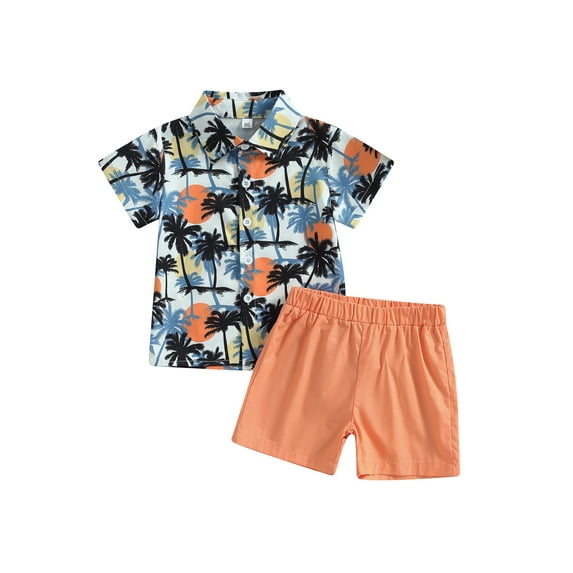 Blotona Toddle Baby Boys Beachwear Clothes Shorts Set Watermelon/ Coconut Tree Print Short Sleeve Lapel Buttons Shirt Casual Shorts Summer Hawaiian Outfit 2Pcs 12M-5T