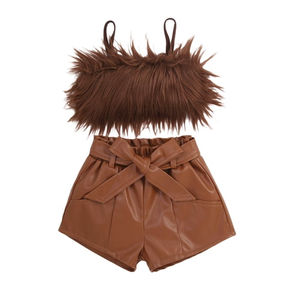Blotona Toddler Baby Girl Faux Leather Shorts Set Spaghetti Straps Fluffy Plush Camisole+Belted Leather Shorts 2 Piece Summer Clothes Outfits