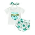 thumbnail image 1 of Blotona Toddler Baby Girl St. Patrick's Day Suits Letter Print Short Sleeve Crew Neck T-Shirts Green Clover Print Shorts Bow Headband Irish Day 3Pcs Set, 1 of 10