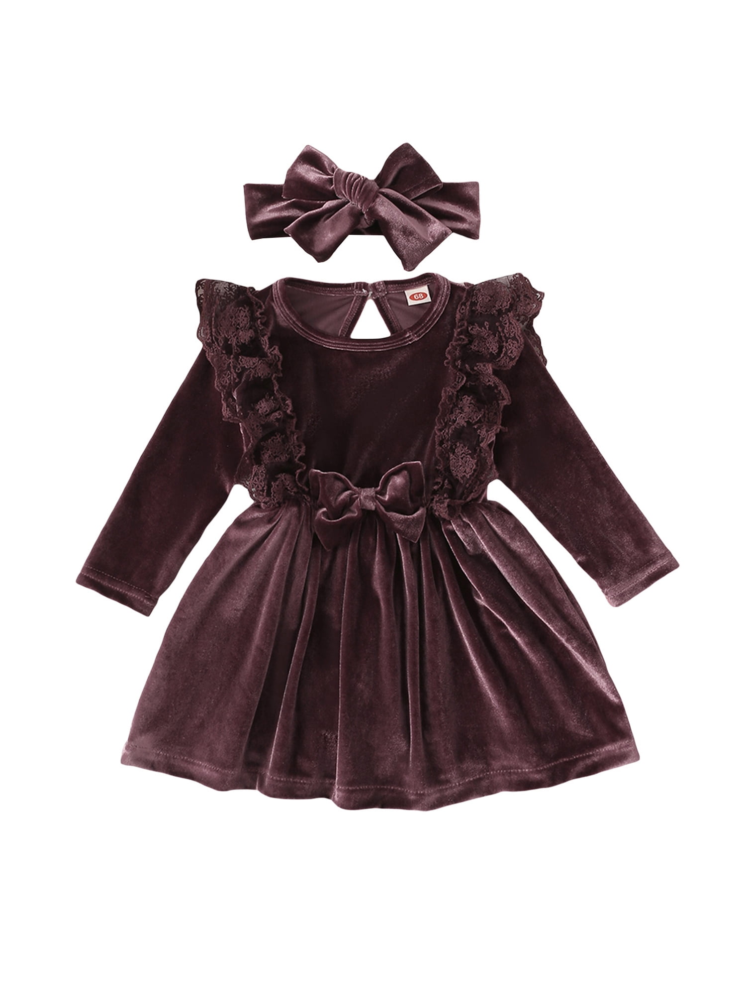Blotona Toddler Baby Girl Velvet Dress Fall Winter Ruffle Pleated Dress  Cute Kids Lace Formal Party Princess Dreses with Headband 