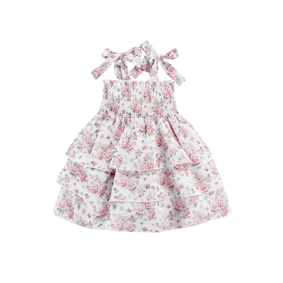Blotona Toddler Baby Girl's Summer Dress Sleeveless Tie-Up Strap Rose Printed Multi-Layer Ruffle Ruched Sling Dresses