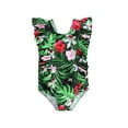 thumbnail image 1 of Blotona Toddler Baby Girls Summer Bikini Jumpsuit Cartoon Dinosaur Flamingo Leaf Print Ruffled Sleeveless Round Neck Swimsuit, 1 of 9
