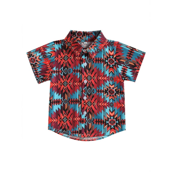 Blotona Toddler Boys Shirts Short Sleeve Lapel Collar Geometric Print Button Down Shirts Tops Casual Summer Clothes 6M-4T