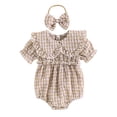 thumbnail image 1 of Blotona Toddler Girl's Summer Romper 2pcs Clothes Set,Round Neck Ruffle Short Sleeve One Piece+ Bow Headband,Doll Collar Plaid Plaid Summer Clothing,Sizes 0-18M, 1 of 8