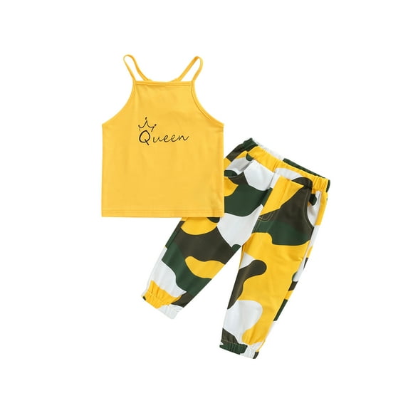 Blotona Toddler Kids Girls 2 Pieces Outfit Sleeveless Letter Print Sling Tank Tops + Camouflage Trousers Summer Set