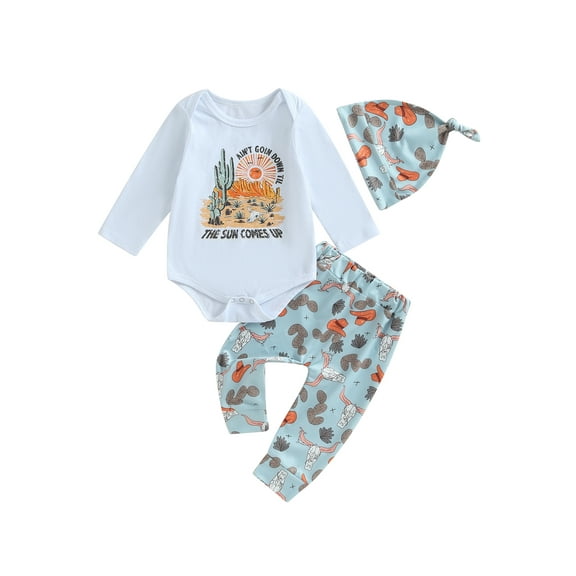 Blotona Western Baby Boys Girls Fall Outfits 3 6 12 18 Months Infant Cow Print Long Sleeve Rompers Cactus Print Long Pants Hat 3Pcs Set Newborn Cowboy Country Clothing 0-18M