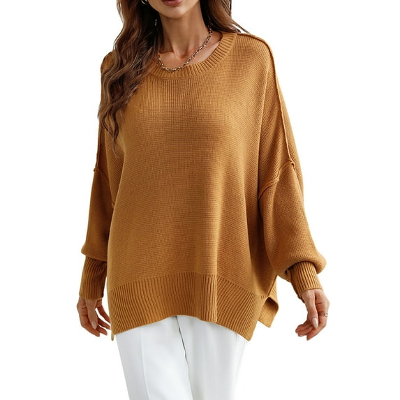 Blotona Women Autumn Loose Knitwear Solid Color Long Sleeve Round Neck Slit Hem Elegant Sweater