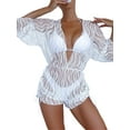 thumbnail image 1 of Blotona Women Bikini Three-Pieces Set 3/4 Sleeve V-neck See-through Jumpsuit + Bra + Low Waist Briefs Summer Bathing Swimsuit, 1 of 6