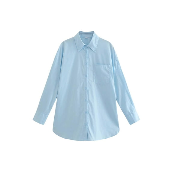 Blotona Women Button Down Shirt Oversized Long Sleeve Solid Color Turn-Down Collar Loose Fit Blouse Curved Hem Shirts Top Streetwear