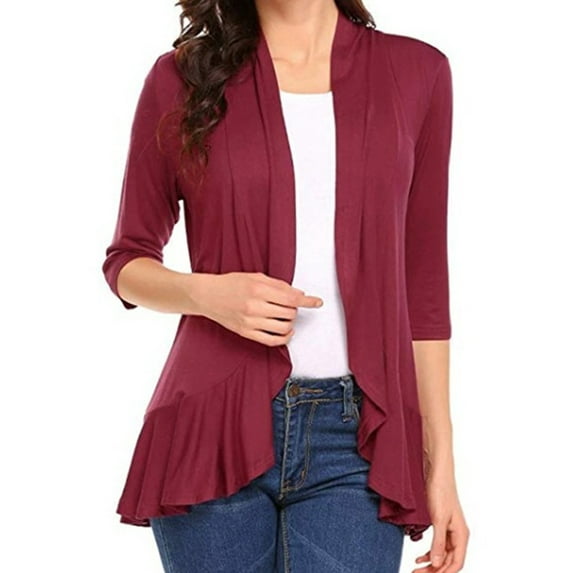 Blotona Women Comfortable Short Jacket Tops Spring Autumn Women Casual Cardigan Tops 3/4 Sleeve Solid Color Ruffled Hem Thin Tops Coats